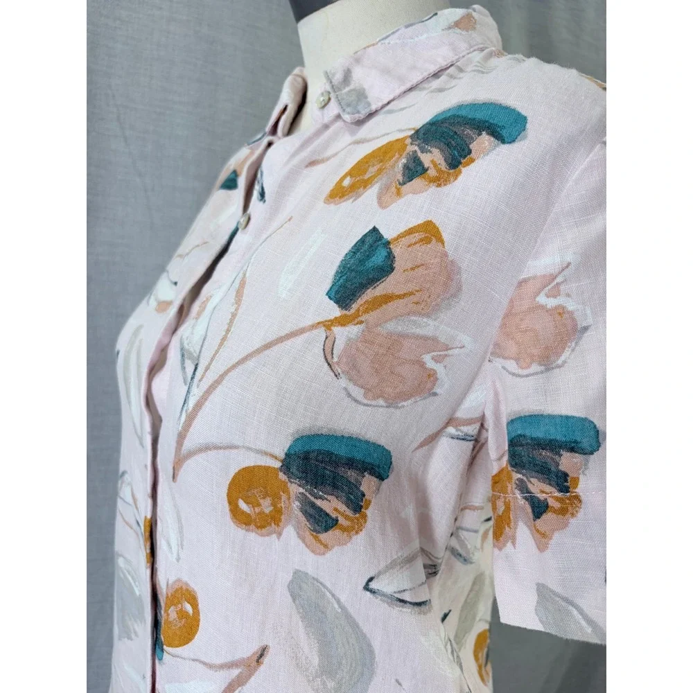 Rachel Zoe Pink Floral 100% Linen Button Front Shirt Dress with‎ Pockets XS
